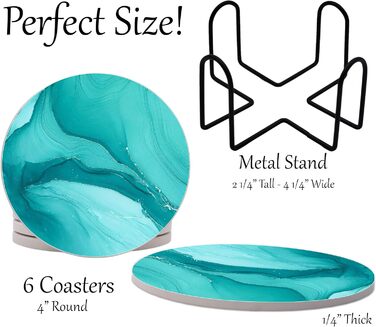 Aqua Blue Teal Marble Coasters Set of 6 - Absorbent Ceramic Coasters with Metal Stand for Drinks, Coffee, Non-Slip Cork Back for Table Protection, 10.2 cm Marble Pattern (Blue-Green)