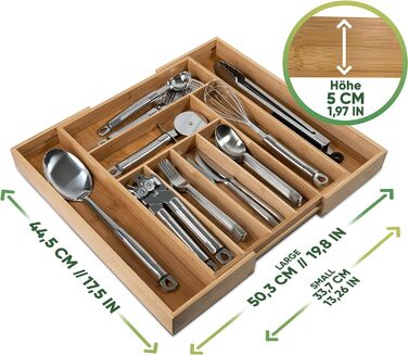Loco Bird Cutlery Box for Drawers made of Bamboo - Adjustable Drawer Organizer Kitchen Wood - Cutlery Insert for Drawers Pull-out up to 50cm - Drawer Insert Kitchen - Cutlery Organizer
