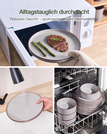 Набір посуду Mercury, 12 предметів: тарілки, супові миски, десертні тарілки, для 4 осіб, з каменю, стійкий до мікрохвильової печі та миття в посудомийній машині, колір сірий (N-Set 18 предметів, 6 осіб)