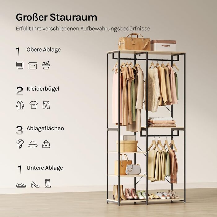 Вільна вішалка для одягу WOLTU з полицею, для спальні/коридору, стабільна, з дерева та металу, білий + світлий дуб (чорний + світлий дуб)