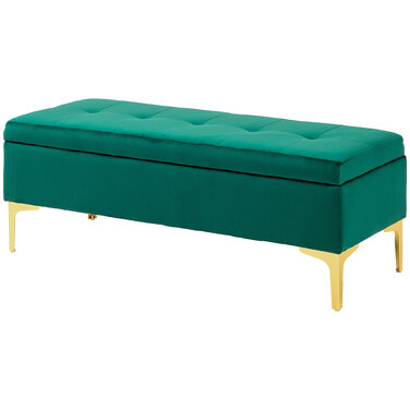 HOMCOM Storage Bench, Upholstered Bench with Velvet Look 120x44x44.5 cm, Metal Legs, Bed Bench for Living Room Bedroom Hallway, green