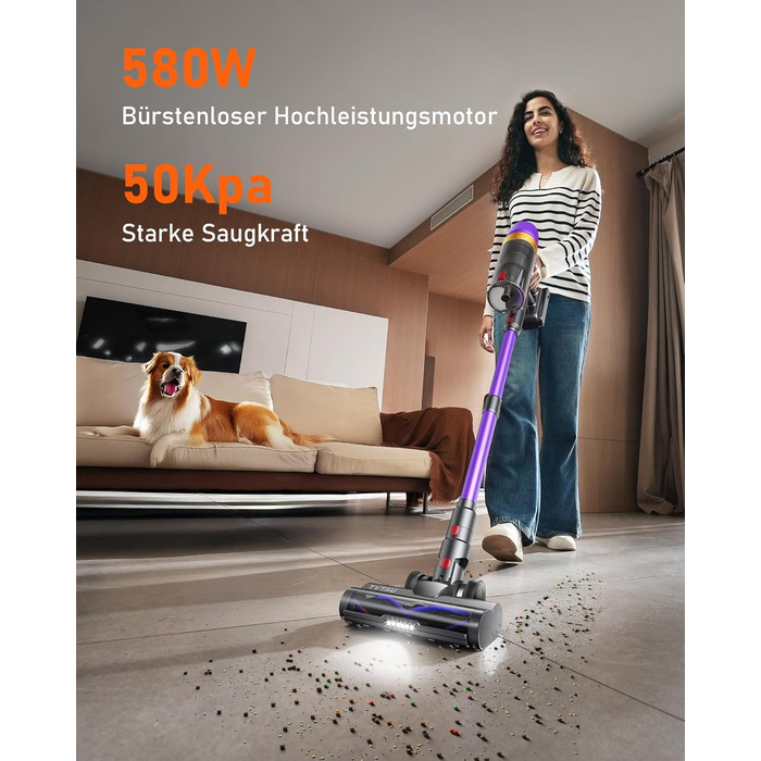 Бездротовий акумуляторний пилосос, 50000 Па, 580 Вт, 70 хв, 1.8 л, з дисплеєм, самостійна парковка, док-станція на стіні, антизаплутана щітка, 8-рівнева фільтрація, для шерсті тварин/килимів/твердих поверхонь/автомобіля