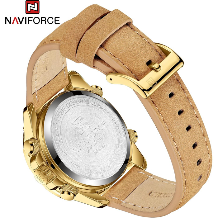 Навіфорс чоловічий військовий годинник: аналоговий кварц, водостійкий, спортивний, з багатофункціональним шкіряним ремінцем (золотий+блакитний)