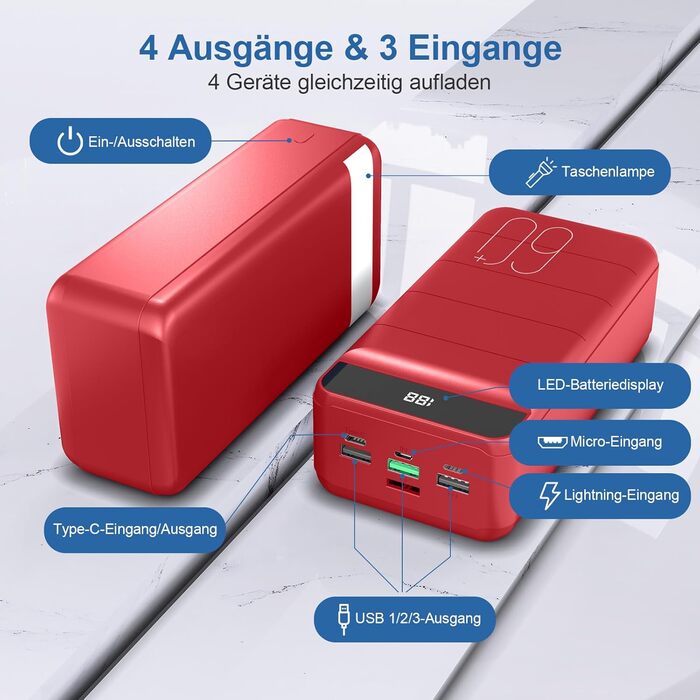 Powerbank 60000mAh з LED-дисплеєм, 22.5W PD, 4 виходи та 3 входи, сумісний з iPhone, Android та іншими пристроями (червоний)
