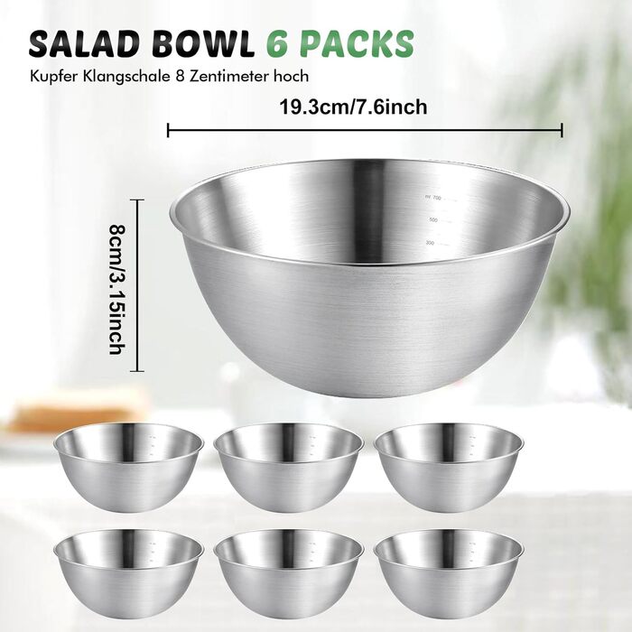 Набір з 6 нержавіючих мисок: для салатів, змішування, випічки, зберігання. Склясті, багатофункціональні, підходять для соусів та закусок (19.3*10*8 см)