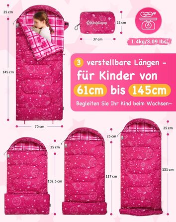 KingCamp Kids Sleeping Bag - Winter Warmth, 3-4 Season Comfort for Camping & Trekking - 170x70cm, 7°C Rating, Adjustable Length