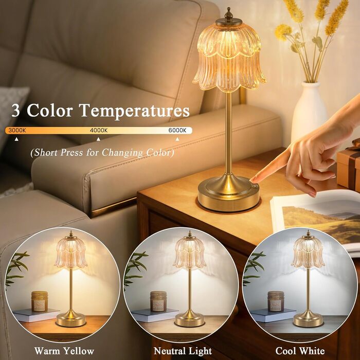 Ретро настільна лампа бездротова Rose з акумулятором 6000mAh, регульована яскравість, 3 режими освітлення, портативна LED лампа для спальні, вітальні, кухні (бурштиновий)