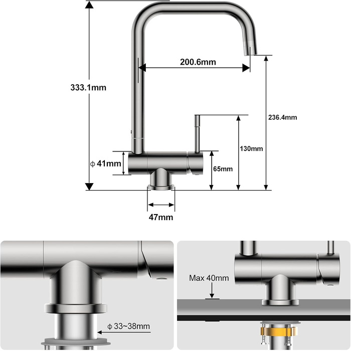 Змішувач кухонний висувний з нержавіючої сталі, 360° поворот, 4 режими, високий вилив, для мийки, ABS-розпилювач, G3/8 з'єднання (тільки для EU)