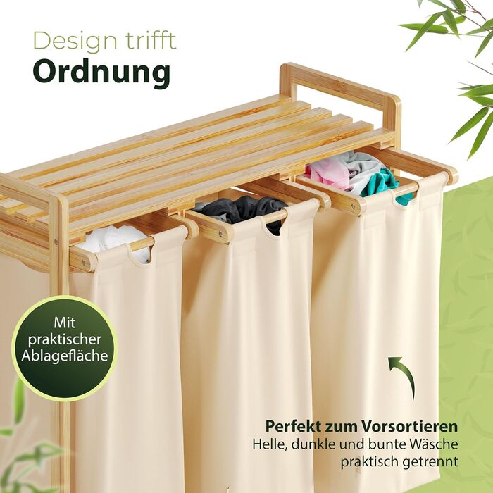 AMBIAVO® Laundry Hamper Beige – Laundry Basket with 3 Compartments and Shelf, 90L – Bamboo Laundry Sorter & Dirty Laundry Container – Laundry Basket with Shelf – Laundry Sorting System for Order in Your Household