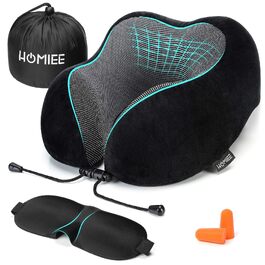 Ортопедична подушка для подорожей HOMIEE з ефектом пам'яті (Memory Foam), ергономічна підтримка шиї для літака, авто та офісу, чорна