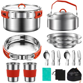 Набір посуду для кемпінгу з нержавіючої сталі 304, посуд для кемпінгу, каструля та сковорода з чайником, тарілками, виделкою, ножем, ложкою для 2-3 особи