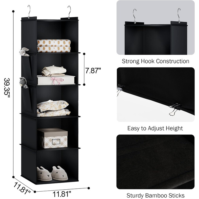 Органайзер для шафи Youdenova з 6 відділеннями: міцна підвісна система зберігання з МДФ та бамбуковими опорами. Чорний колір