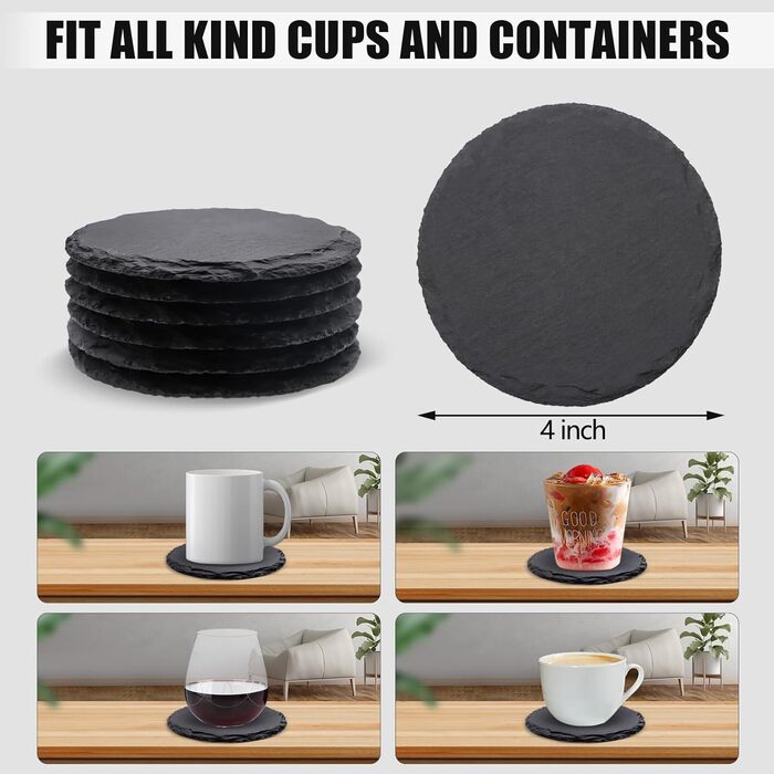 24-Piece Round Slate Coasters, VIBRATITE 10.2 cm, Black Slate Coasters with Scratch-Resistant Bottom for Drinks, Bar, Kitchen, Home Decor (6-Piece Round)