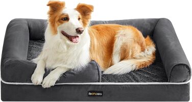 Feandrea Orthopedic Dog Bed, Dog Cushion, Dog Basket, Soft Padding, Dog Sofa, Raised Edges, Removable and Washable Cover, 91 x 71 x 20 cm, Non-Slip Bottom, Dark Grey PGW076G01