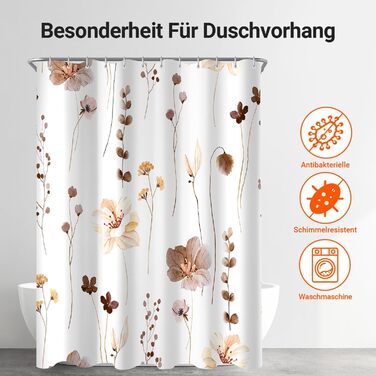 Штора для душу 240x200 см з квітами, поліестер, антигрибкова, водовідштовхувальна, з утяжеленим краєм, з кільцями (коричнева)