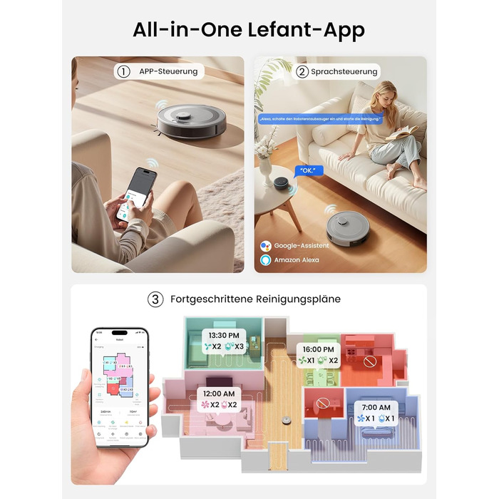 Робот-пилосос LEFANT M2 Pro з автоматичною системою викачування пилу, лазерною навігацією та картографією, індивідуальним налаштуванням, уникненням перешкод, ідеальний для видалення шерсті тварин. Білий/Сірий