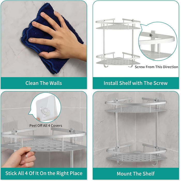 Поличка для душу Hawsam Badregale з алюмінію на 2 рівні, органайзер для шампуню, без свердління (срібло-трикутник)