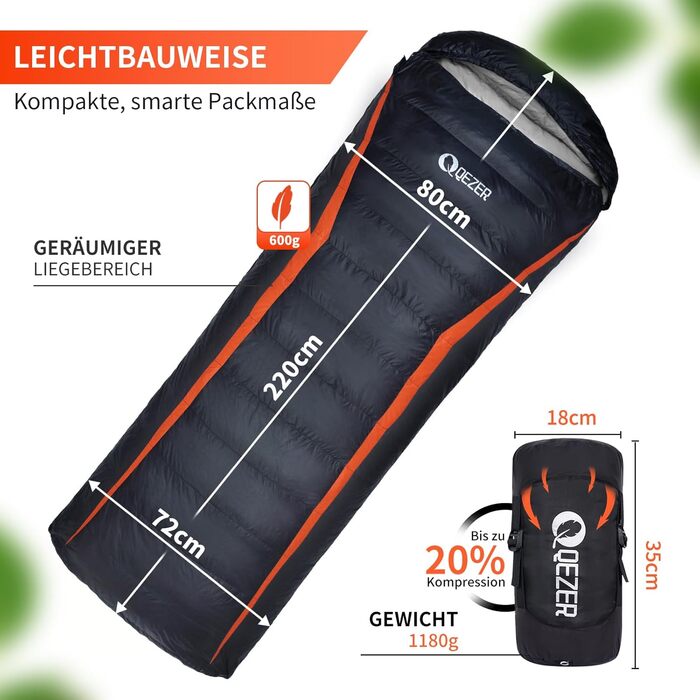 QEZER Ultralight Down Sleeping Bag - 8°C to -3°C for Camping, Hiking, and Trekking - 3 Season Sleeping Bag