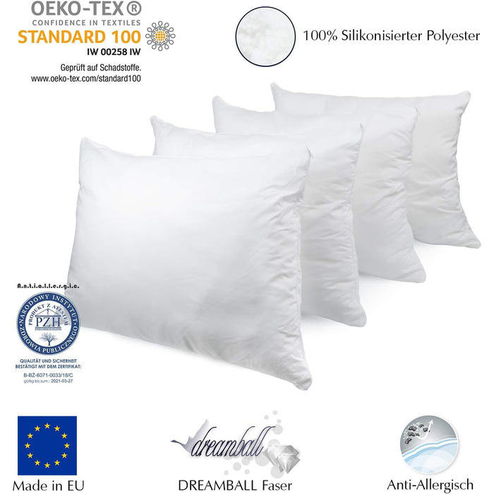 H&F Heimtextilien Top Quality Pillow 50x70 4-Piece Set | Allergy-Friendly Pillow with Oeko-TEX Certification | Cover: 100% Microfiber | Filling: 550 Grams Polyester 4 50 x 70 cm
