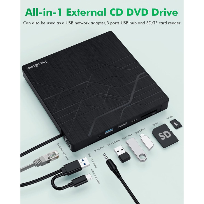 Зовнішній DVD-привід PeroBuno USB 3.0 Type-C, CD/DVD ROM +/-RW, ультратонкий оптичний накопичувач та записник для ноутбука, ПК, MacBook (Windows, Linux, macOS)