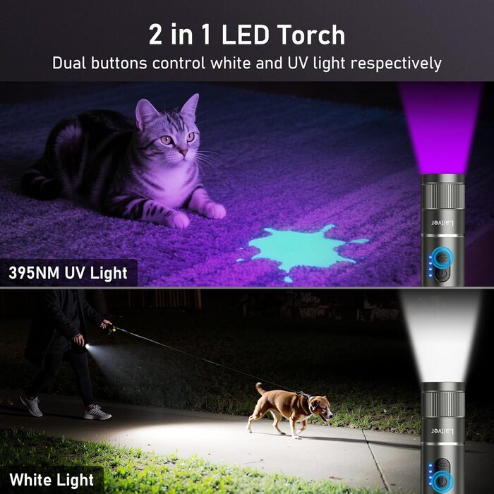 Ліхтар LED/UV з підзарядкою 2 в 1, Laitver 2000L, суперяскравий, 395nm, міні, 6 режимів, з зумом, довга тривалість роботи, водонепроникний, для освітлення та виявлення сечі тварин (сірий)