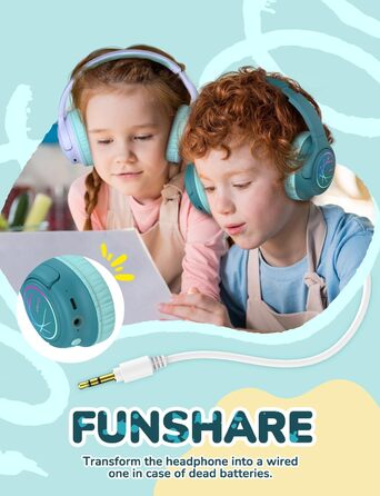 iClever Bluetooth навушники для дітей з LED-підсвіткою, обмеження гучності 74/85dBA, 43 години роботи, стерео звук, Type-C, AUX-кабель, Bluetooth 5.3, для планшетів/подорожей (Турквіс)