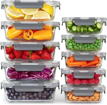 Glass Storage Box for Food - [Pack of 10] Lunchboxes for Healthy Meals with Airtight Lids - Airtight Storage Containers, Lunch Boxes BPA-free, Leak-proof (10 Lids & 10 Containers)