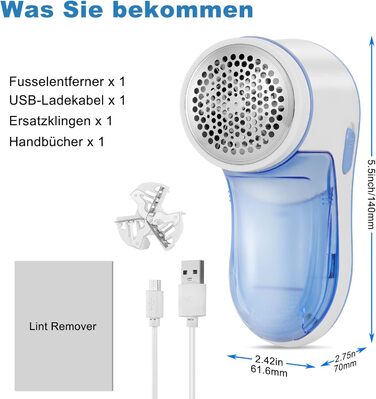 Електричний видалення ворсу Fusselrasierer: портативний пристрій для одягу з USB зарядкою та 1 змінною головкою (блакитний)