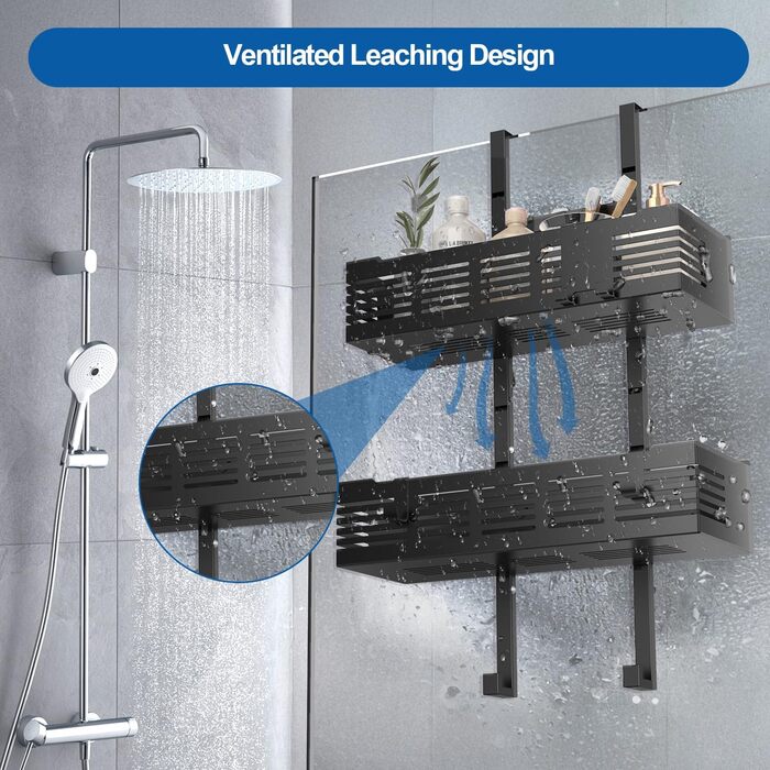 Поличка для душу AIGOCITY без свердління, чорна, для скляних душових кабін, з 3 гачками, регульована висота, для шампуню та гелю для душу