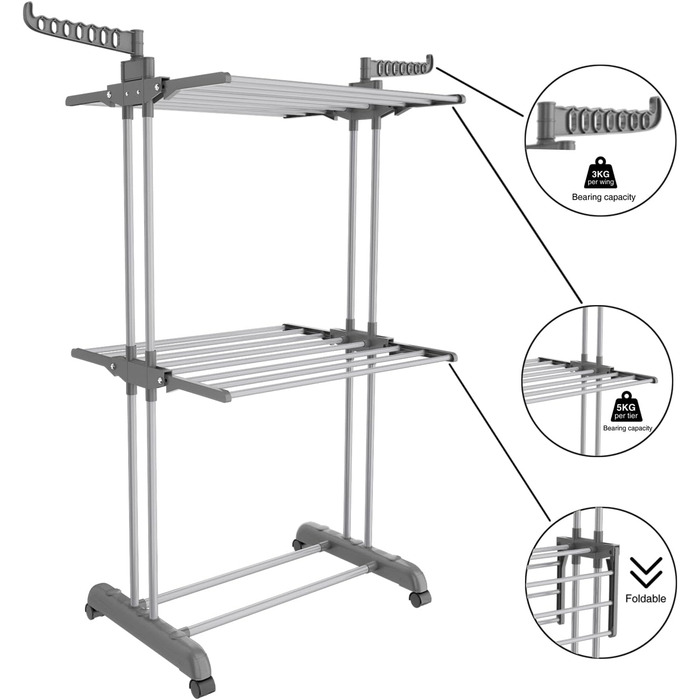 Foldable Stainless Steel Clothes Rack with Wheels, Portable, for Indoor and Outdoor Use, White/Gray (Gray-1)