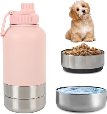 Поїлка для собак Pets Hundetrinkfasche з контейнером для корму та ручкою, 950 мл, нержавіюча сталь, BPA-free, для подорожей та прогулянок (Крем-білий, Рожевий)