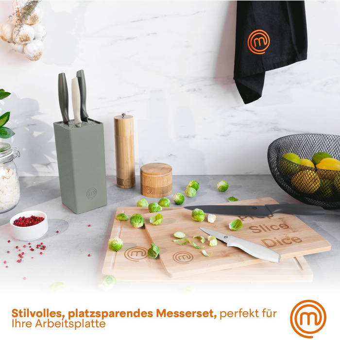 MasterChef 5-Piece Knife Block Set - Stainless Steel Kitchen Knife Set with Chef's Knife, Santoku, Bread Knife, Utility Knife & Vegetable Knife - Sharp, Black Soft-Touch Handles