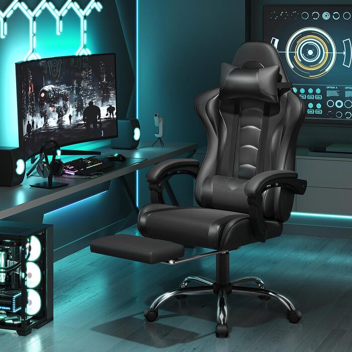 Ігрове крісло Yaheetech Ergonomic Gaming Chair з функцією масажу, підставкою для ніг та регулюванням спинки 90-135°, офісне крісло для геймерів та дому, чорне