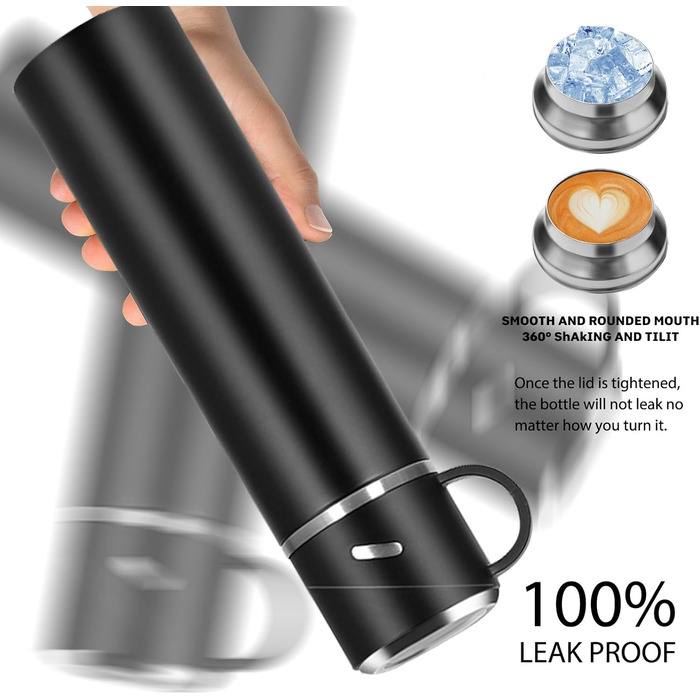 Термос IAGORYUE з нержавіючої сталі, 0,55л, з ізоляцією, витокозахисним кришкою та ручкою, двостінний, зберігає тепло/холод до 12 годин, для спорту, офісу, відпочинку на природі, чорний