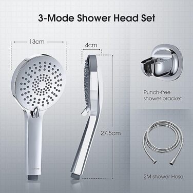 Showerhead Set, 3 Functions, Liquid Silicone - Showerhead Set with Hose and Holder, High Pressure and Water-Saving, Universal with G1/2 inch Connection, Chrome Showerhead for All Family Members