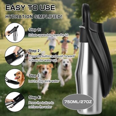 Водяна пляшка для собак на прогулянці: не протікає, з нержавіючої сталі, 750 мл (Чорний)