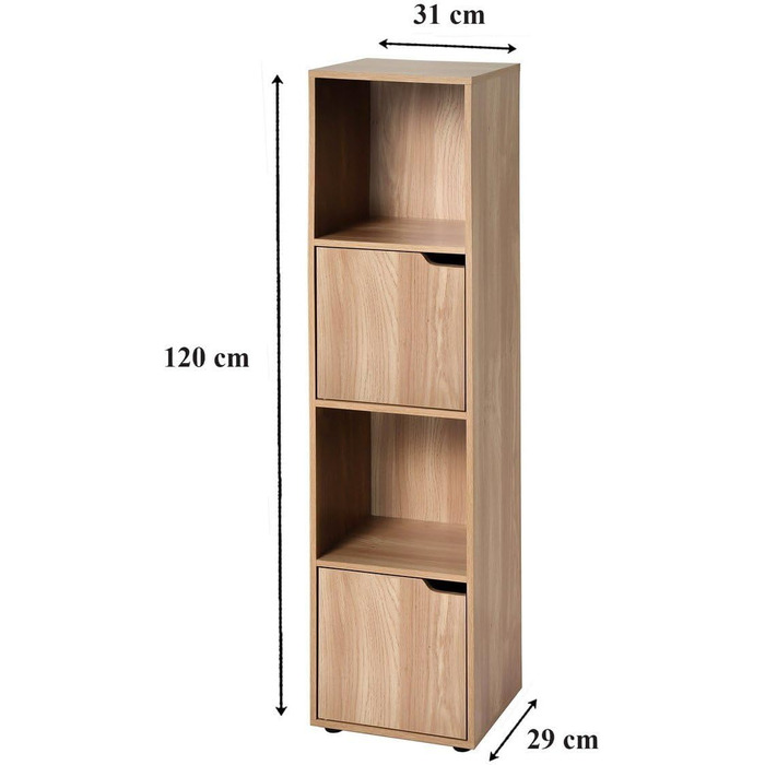 Calicosy - Regal with 4 compartments in wood-look finish - 2 sliding doors - Modular storage furniture - Solid and functional - Bedroom, living room, office - Contemporary design - B30.7 x D29 x H120cm