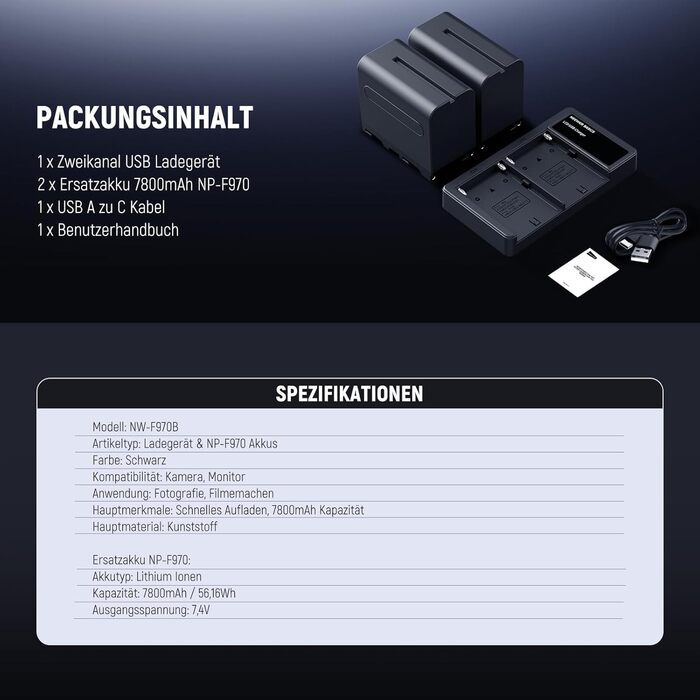 Зарядний пристрій NEEWER Dual USB для акумуляторів Sony NP-F серії (NP-F970, NP-F960, NP-F950, NP-F930, NP-F770, NP-F750, NP-F570, NP-F550) з LCD-дисплеєм, 2-канальний, NW-F970B