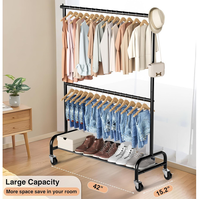MISSLO Heavy-Duty Clothes Rack Double, Metal Clothes Rod on Wheels Stable Mobile Coat Rack for Coats, Shirts (White) (Black)