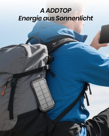 Портативний зарядний пристрій ADDTOP Solar Power Bank 26800mAh з сонячною панеллю, USB-C, 3.0A, 4 виходи для смартфонів та планшетів, ліхтар для кемпінгу та відпочинку на природі (Чорний)