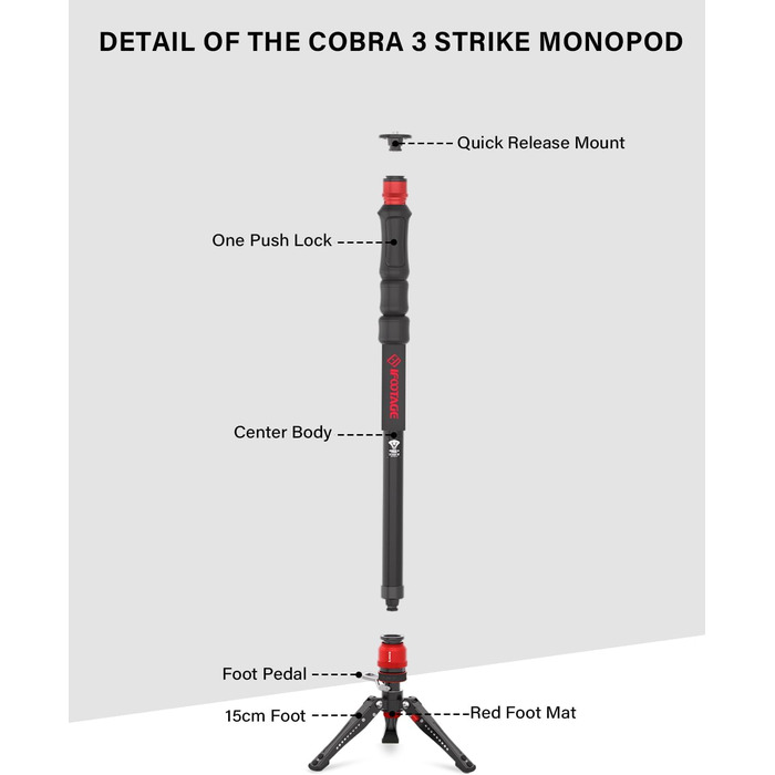 Монопод IFOOTAGE Cobra 3 C180F-P: вуглецеве волокно, 181 см, вантажопідйомність 8 кг