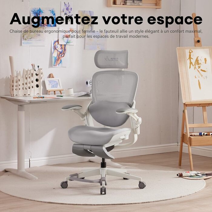 Ергономічне крісло для жінок MUSSO E80 Muse FemmePosture™ - регулювання нахилу 135°, 3D-підтримка попереку, 17см 4D-підголівник, висувна підніжка, регулювання глибини та висоти сидіння, регульовані підлокітники (сірий)