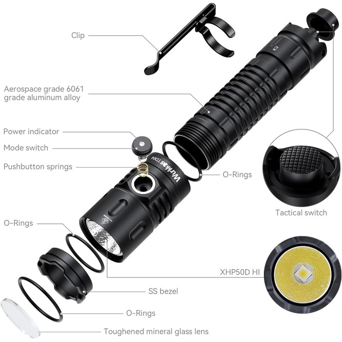 Wurkkos TD04 tactical flashlight 3000LM LED flashlight USB rechargeable, Torch light extremely bright LED flashlight with tactical switch, EDC flashlight 8 modes IP68 waterproof light camping