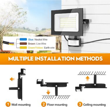 papasbox 2 Pack LED Floodlights with Motion Sensor and Light Sensor | Outdoor Floodlights/Spotlights with Remote Control | 6500K Cool White IP66 Waterproof Floodlight for Garden, Garage, Sports Field (50W, 2 Pack)