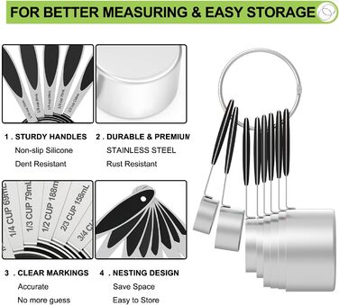 Measuring cups and spoons – Wildone stainless steel 20-piece stackable set, includes 8 black measuring cups, 10 measuring spoons, 1 leveler, and 1 whisk, for dry and liquid ingredients