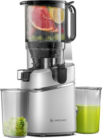 AMZCHEF Automatic All-in-One Juicer, 135MM Opening and 1.8L Juicer for Vegetables and Fruit, 250W Juicer Slow Juicer Test Winner with Triple Filter - Silver