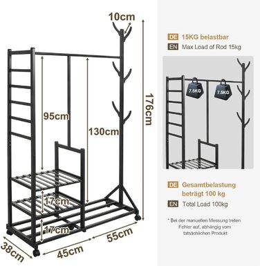 Yorbay Bamboo Clothes Rack with Wheels, Clothes Rail, 3 Shelves and 6 Hooks, Tree Shape, 100 x 38 x 176 cm (Black)