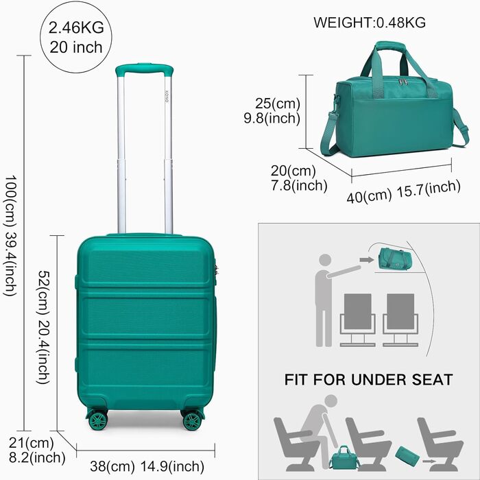 Набір валіз KONO 55 см: 2 валізи, ручна поклажа, 40x20x25 см, кремово-білий (бірюзовий)