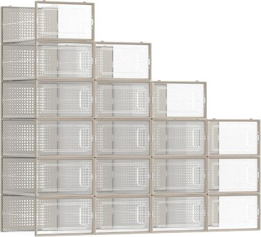 SONGMICS Shoe Boxes, 18-Piece Set, Plastic Shoe Organizer, Foldable and Stackable, for Shoes up to Size 44, Transparent-White LSP18SWT (Transparent + Oatmeal Beige, 18-Piece Set for Shoes up to Size 44)