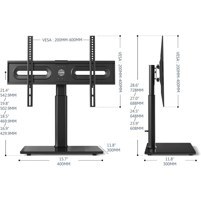 FITUEYES Adjustable TV Stand for 32-65 Inch TVs - Swivel & Height Adjustable - VESA 600x400 - White/Black